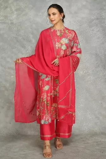 Hot pink cotton silk printed kurta set