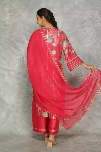 Hot pink cotton silk printed kurta set