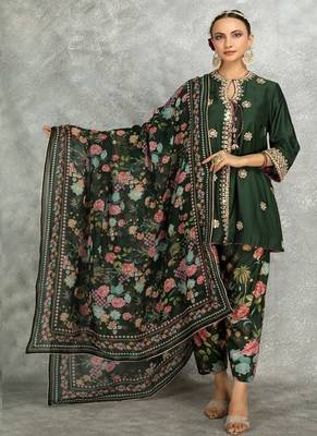Green cotton silk mirrror embroidered angrakha kurta set 1
