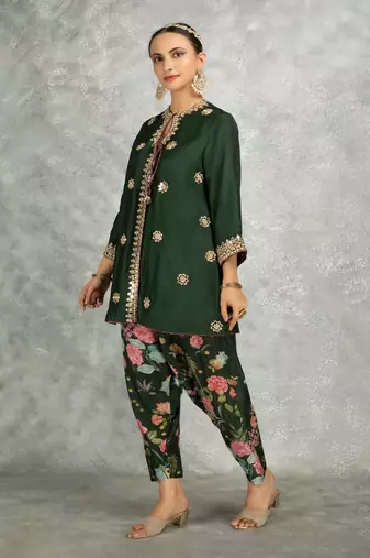 Green cotton silk mirrror embroidered angrakha kurta set