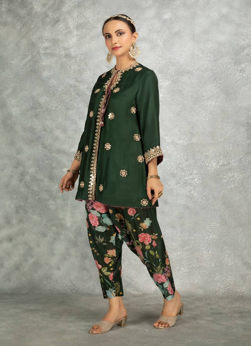 Green cotton silk mirrror embroidered angrakha kurta set