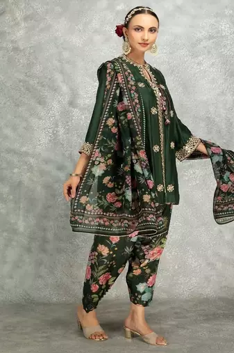 Green cotton silk mirrror embroidered angrakha kurta set