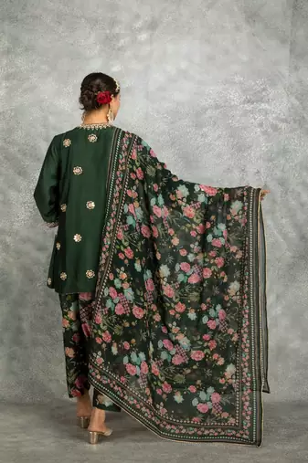 Green cotton silk mirrror embroidered angrakha kurta set