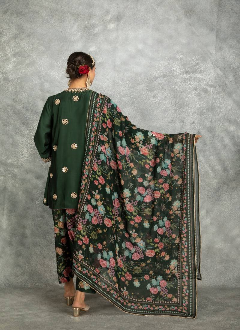 Green cotton silk mirrror embroidered angrakha kurta set
