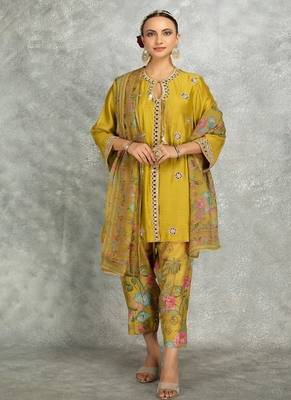 Mustard cotton silk mirrror embroidered angrakha kurta set 1