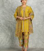 Mustard cotton silk mirrror embroidered angrakha kurta set