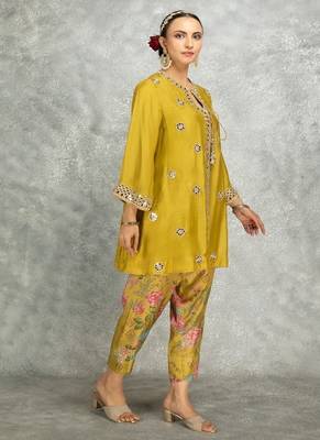 Mustard cotton silk mirrror embroidered angrakha kurta set 2