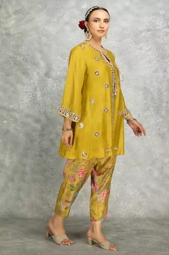Mustard cotton silk mirrror embroidered angrakha kurta set