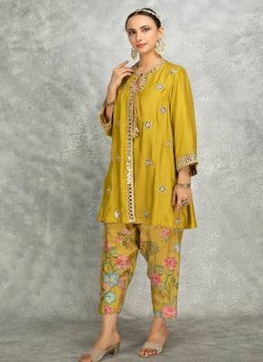 Mustard cotton silk mirrror embroidered angrakha kurta set 3
