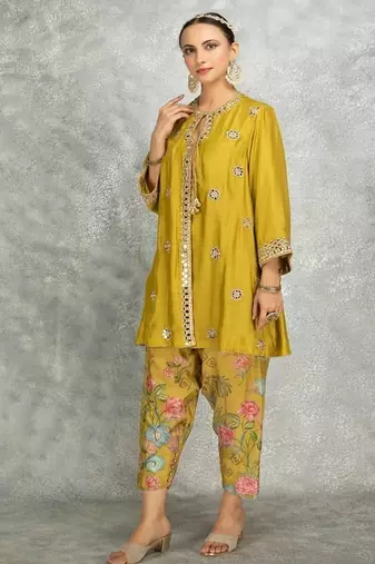 Mustard cotton silk mirrror embroidered angrakha kurta set