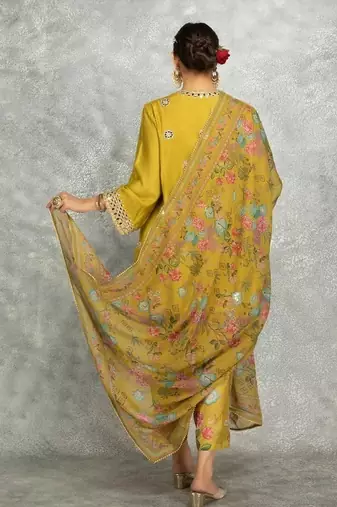Mustard cotton silk mirrror embroidered angrakha kurta set