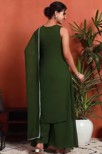 Forest green embroidered georgette  Kurta pant and palazzo set