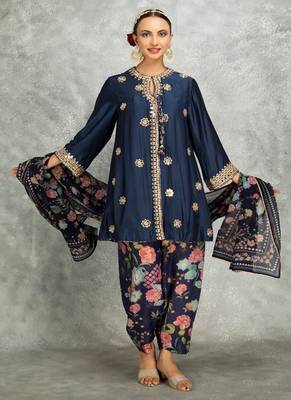 Blue cotton silk mirrror embroidered angrakha kurta set 1