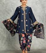 Blue cotton silk mirrror embroidered angrakha kurta set