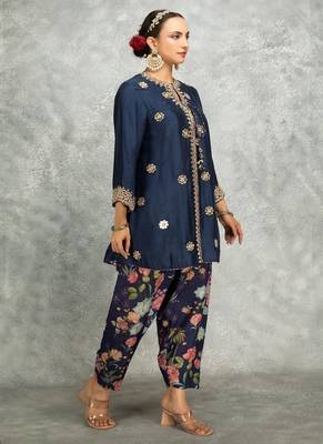 Blue cotton silk mirrror embroidered angrakha kurta set 2