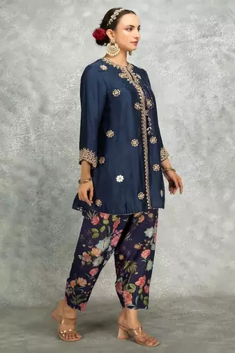 Blue cotton silk mirrror embroidered angrakha kurta set