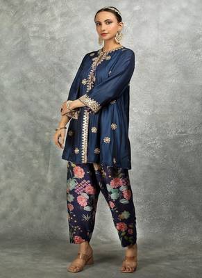Blue cotton silk mirrror embroidered angrakha kurta set 3