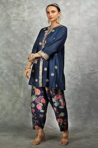 Blue cotton silk mirrror embroidered angrakha kurta set
