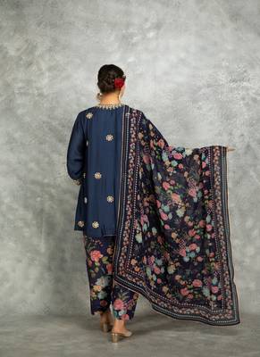Blue cotton silk mirrror embroidered angrakha kurta set 4