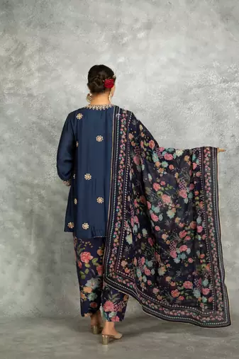 Blue cotton silk mirrror embroidered angrakha kurta set