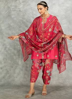 Hot pink cotton silk mirrror embroidered angrakha kurta set 1