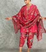 Hot pink cotton silk mirrror embroidered angrakha kurta set