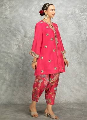 Hot pink cotton silk mirrror embroidered angrakha kurta set 2
