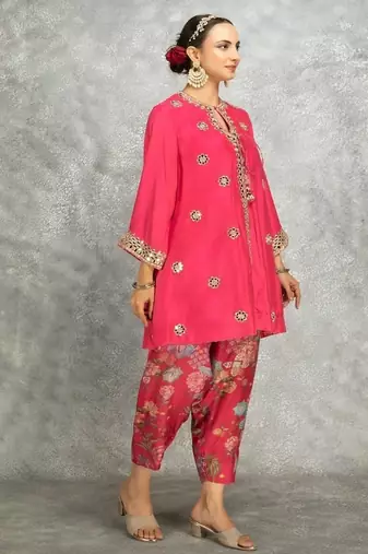 Hot pink cotton silk mirrror embroidered angrakha kurta set