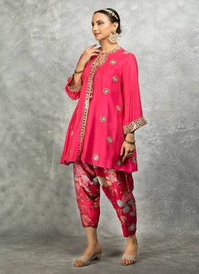 Hot pink cotton silk mirrror embroidered angrakha kurta set 3