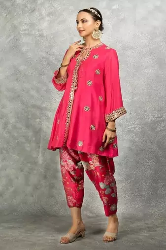 Hot pink cotton silk mirrror embroidered angrakha kurta set
