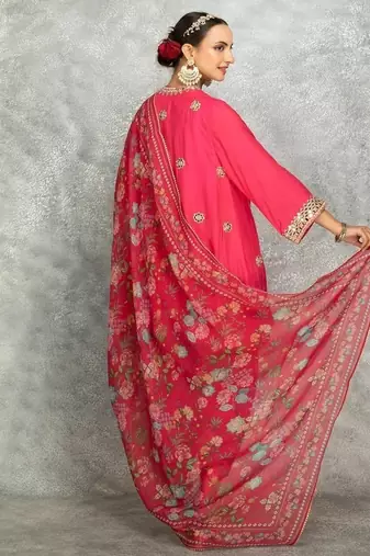 Hot pink cotton silk mirrror embroidered angrakha kurta set