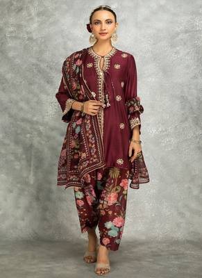 Wine cotton silk mirrror embroidered angrakha kurta set 1