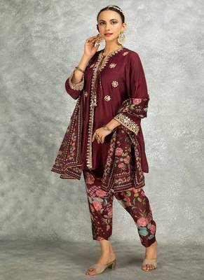 Wine cotton silk mirrror embroidered angrakha kurta set 2