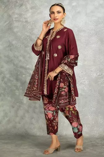 Wine cotton silk mirrror embroidered angrakha kurta set
