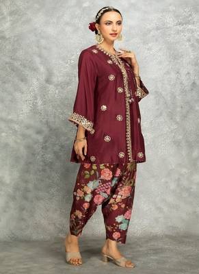 Wine cotton silk mirrror embroidered angrakha kurta set 3