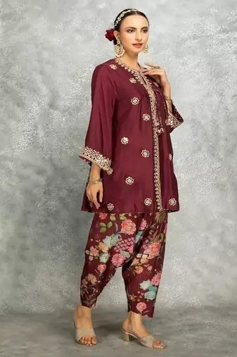 Wine cotton silk mirrror embroidered angrakha kurta set