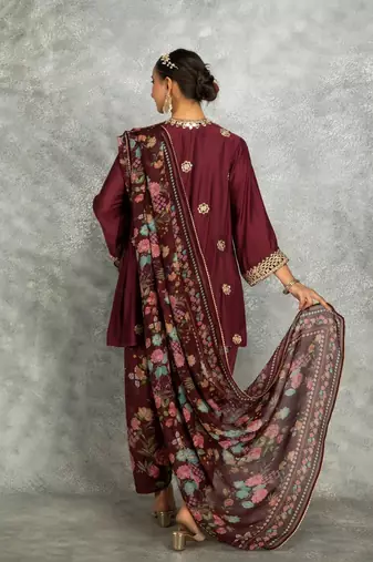 Wine cotton silk mirrror embroidered angrakha kurta set