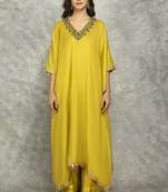 Yellow cotton silk plain kaftaan set with neckline embroidery