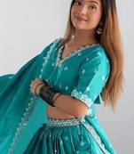 Teal Blue Thread sequin Work Shimmer silk Lehenga Choli With Blouse