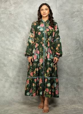 Green floral printed cotton dress 1