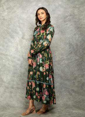 Green floral printed cotton dress 2