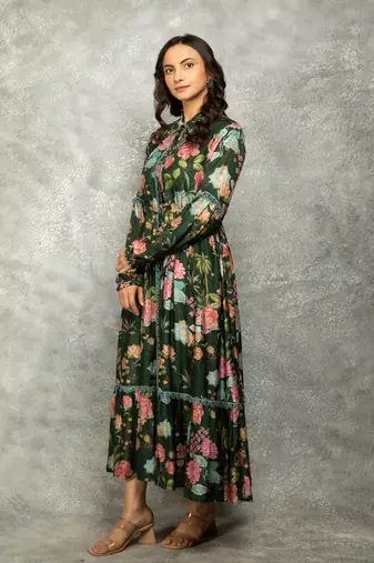 Green floral printed cotton dress