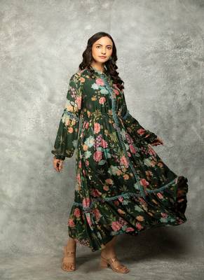 Green floral printed cotton dress 3