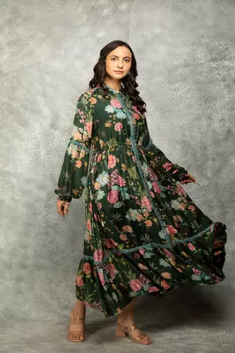 Green floral printed cotton dress
