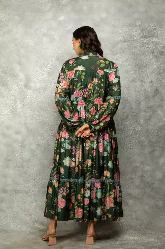 Green floral printed cotton dress