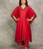 Rose pink cotton silk plain kaftaan set with neckline embroidery