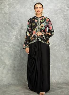 Black geogette embroidered floral printed jacket with drape skirt 1