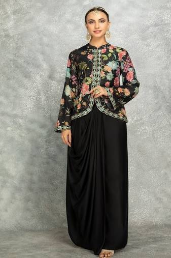 Black geogette embroidered floral printed jacket with drape skirt