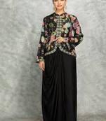 Black geogette embroidered floral printed jacket with drape skirt
