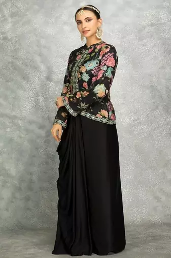 Black geogette embroidered floral printed jacket with drape skirt